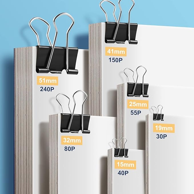 208 PCS Binder Clips Paper Clamps Assorted Sizes, Metal Paper Binder Clip, Black Binding Paperwork Clamp Bulk, School Teachers Office Supplies