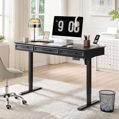 wow97e Electric Standing Desk with 3 Storage Drawers, 55x22 Inch Adjustable Height Office Computer Desk w/One-Piece Desktop & Power Outlets,Sit to Stand Up,Gaming Table for Home and Study, Black