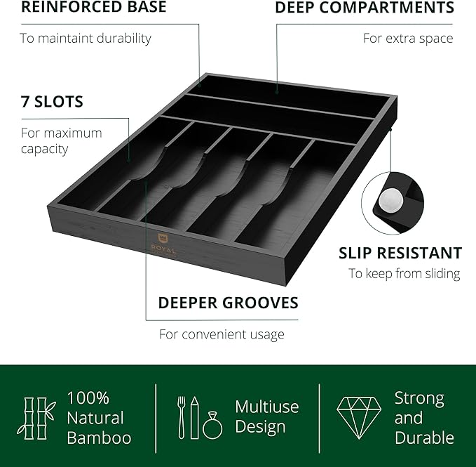 ROYAL CRAFT WOOD Luxury Bamboo Kitchen Drawer Organizer - Silverware Organizer - Utensil Holder and Cutlery Tray with Grooved Drawer Dividers for Flatware and Kitchen Utensils (7 Slot, Black)