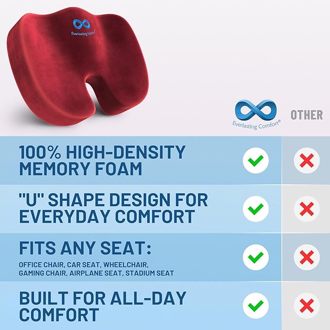 Everlasting Comfort Doctor Recommended Memory Foam Seat Cushion for Office Chairs & Car - Ergonomic Office Desk Accessories - Cushions for Tailbone Pain Relief, Sciatica (Red, Large)