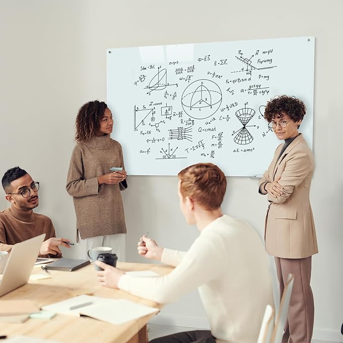 Glass Magnetic Dry Erase Board 60"x40" Frameless Wall Mounted Glass Whiteboard for Wall, Magnetic White glassboard 60"x40" for Office, Home & School