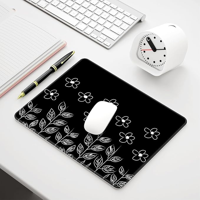 Auhoahsil Mouse Pad, 12 x 10 in Flower Theme Computer Mouse Pad for Desk, Premium-Textured Non-Slip Rubber Stitched Edges Waterproof Square Mouse Mat for Gaming Work Wireless Mice, Black