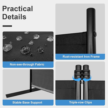 MAYOLIAH 4 Panel Room Divider 6ft Tall Freestanding Privacy Screen 136'' W Portable Office Partition w/Flat Base, Black