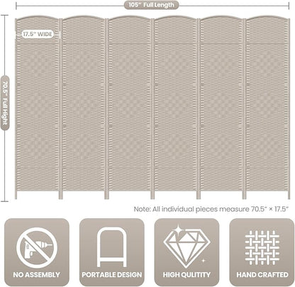 Cocosica 6 Panel Room Divider,6Ft Folding Privacy Screen,Tall - Extra Wide Foldable Panel Partition Wall Divider with Diamond Double-Weaved Hand-Woven Design Room Screen Divider