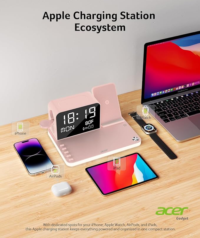 Acer 7-in-1 Wireless Charging Station with LED Clock - 30W Fast Wireless Charger for iPhone 16/15/14/13/12/Pro Max, Apple Watch, AirPods - Bluetooth Auto Time Sync & Night Lights (Pink)