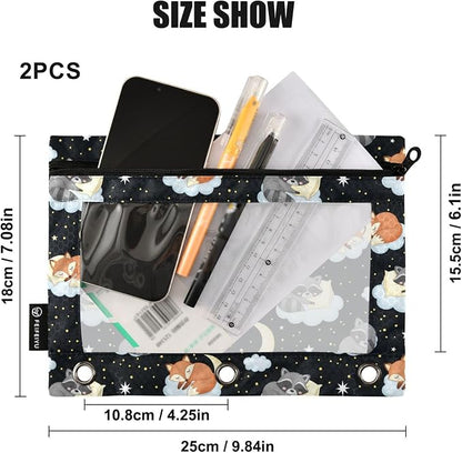 Emelivor Cute Fox Clouds Pencil Pouch for 3 Ring Binder 2 Pcs Binder Pouches with Zipper Pocket Pencil Case Bag with Clear Window for Storing College Office Supplies