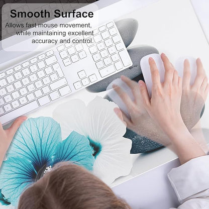 QIYI Desk Pad, Non-Slip PU Leather Desk Blotter Protector, Kids Floral Print Waterproof Computer Desk Mat, Thick Home & Office Large Keyboard Mouse Pad 31.5" x 15.7" - Pebbles & Blue White Flowers