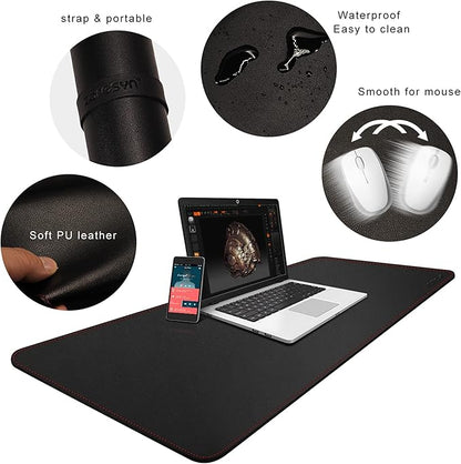 ZORESYN XL Large Desk Pad (47.2" x 15.8") - PU Leather Office Desk Mat for Keyboard and Mouse - Waterproof Surface with Nonslip Base - Black Extended Mouse Pad for Home & Office
