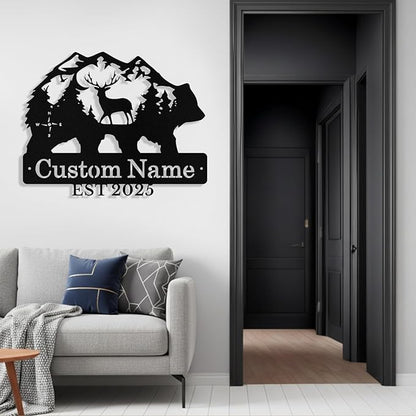 Custom Bear & Deer Metal Sign, Custom Bear Metal Wall Art Decor, Personalized Last Name Signs for Home, Rustic Farmhouse Black Wall Decor for Cabin, Bedroom, Living Room