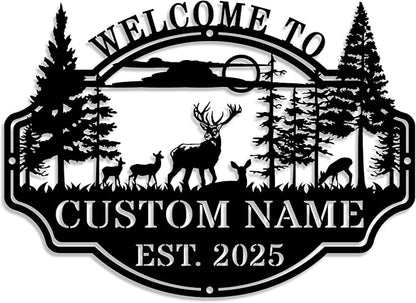 Personalized Deer Hunting Metal Cabin Sign Custom Outdoor Hunting Decor Family Name Sign Rustic Cabin Wall Art Hunting Lodge Decor Deer Hunter Gift Custom Hunting Room Decor Outdoor Metal Wall Signs