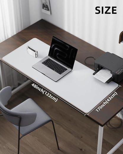 PU Leather Desk Pad Protector - 48" x 17" Office Desk Mat, Non-Slip, Waterproof, Ivy White