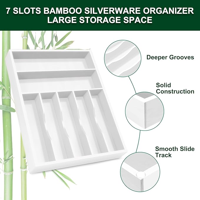 Bellsal White Utensil Organizer 12.5 Inch Silverware Tray for Drawer Utensil Holder Cutlery Organizer Kitchen Drawer Organizer 7 Compartment Small Narrow Bamboo