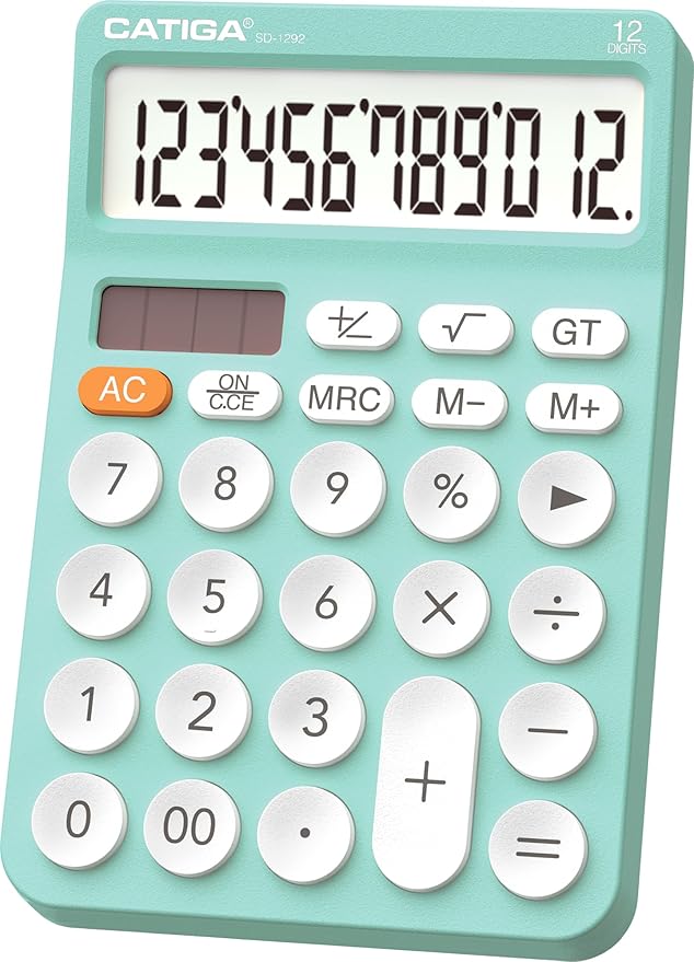 CATIGA 12 Digit Desktop Calculator Basic Desk Calculator with Large LCD Display, Big Buttons, 4 Function, Solar and Battery Dual Power, for Office, School, Home, SD-1292 Fresh Blue