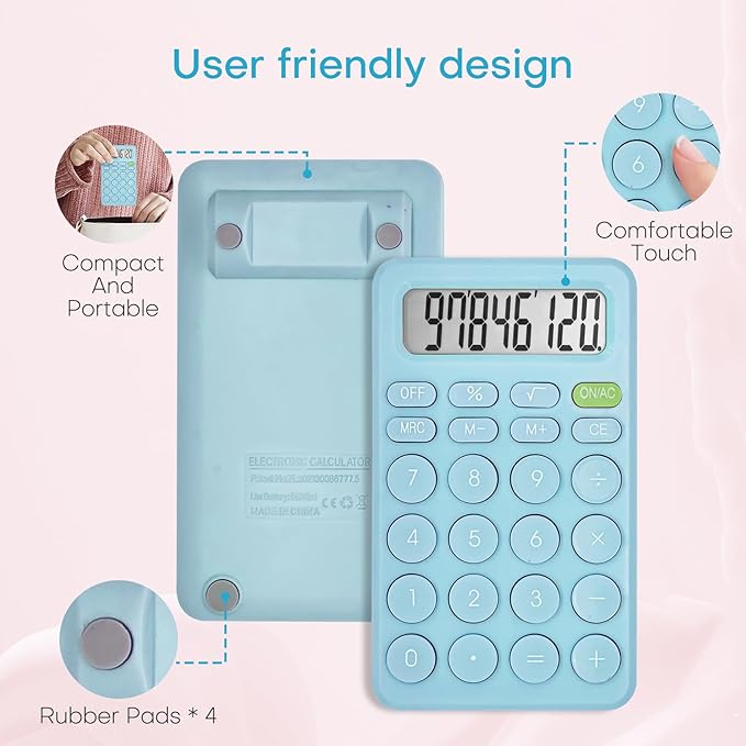 Basic Cute Calculator Four Function for Teachers Students Basics Office, Small Handheld Calculator, 8 Digit with LCD Display, Sensitive Button, 5.5×3.2 inches Blue