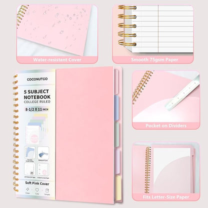 5 Subject Spiral Notebook, College Ruled, 150 Sheets, Pink Plastic Cover, 5 Movable Pastel Tab Dividers with Pockets, 3-Hole Punched, 75gsm Paper, Writable Stickers, Fits 8.5 x 11 in Paper