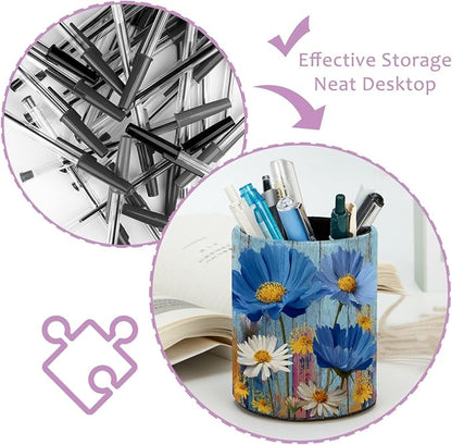 Rural Wooden Flowers Leather Pen Holder for Desk, Multifunctional Desktop Organizer Pencil Cup, Desktop Caddy Stationery Organizer for School Home Office Desk Accessories