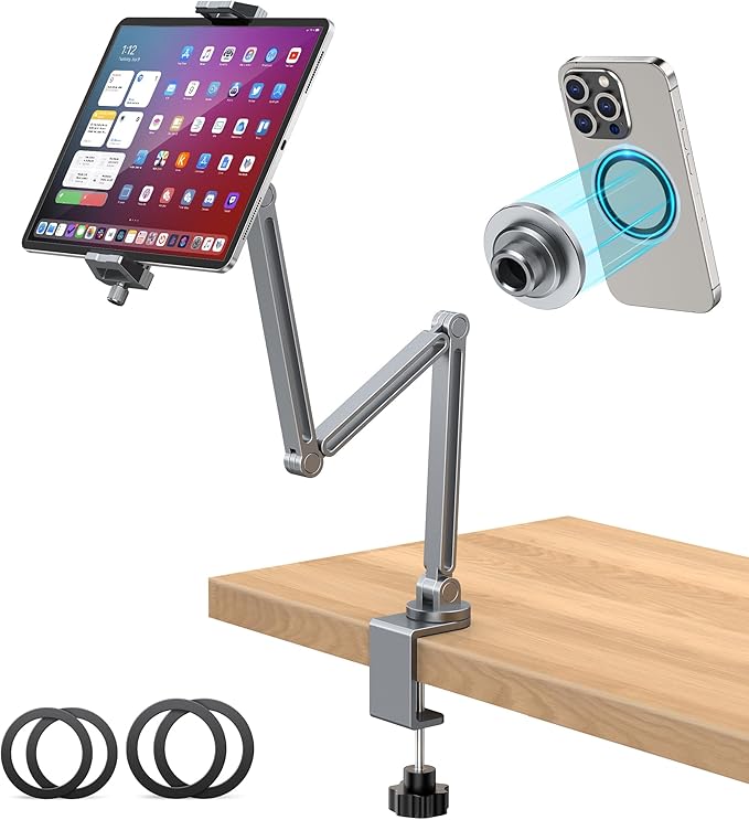 AboveTEK 2-in-1 iPad Stand for Desk, Aluminum iPad Holder Arm with Clamp & Magnetic Ring Head, 360° Adjustable Tablet Stand Holder, Bed Clamp Mount for 4.7"-13" iPads Air/Pro/Mini, Galaxy Tab & Phones