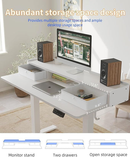 YIHAYO Electric Standing Desk with Drawers, 60 x 24 Inches Adjustable Desk with Storage Shelf, Computer Table with Splice Board for Home Office,White Frame/White Top