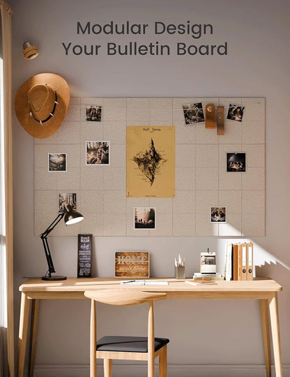 Large Felt Bulletin Board 48" x 36", 12-Pack 4-Compartment Wall Organizer, Cork Board Alternative with 70 Removable Adhesive Tabs, Modular Felt Panels for Home Office, Classroom and Study-Oatmeal