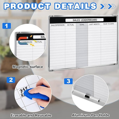Lincia Sales Leaderboard Dry Erase Whiteboard Magnetic Dry Erase Board with Lines Sliding Marker Tray Aluminum Frame White Board Planner for Wall Sales Performance Recording Tracking Office Supplies