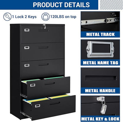 Fesbos Lateral File Cabinet with 5 Drawers - Metal Steel Filling Cabinets for Home Office - Lockable Storage Cabinet for Hanging Files Letter/Legal/F4/A4 Size-Assembly Required