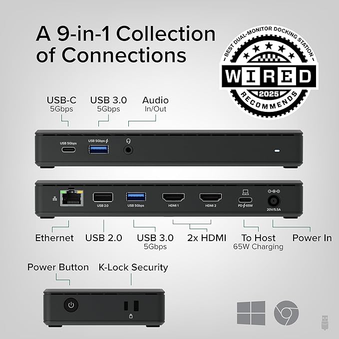 Plugable USB-C Docking Station Dual 4K 60Hz HDMI, 65W Charging, Gigabit Ethernet, 1x USB-C 5Gbps, 3X USB-A, Audio, Windows/ChromeOS, USB-C/USB4/Thunderbolt, Driverless (UD-MSTH2)
