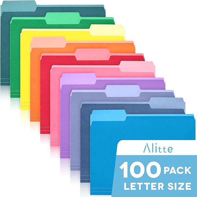 Alitte Colored File Folders Letter Size - 100-Pack Bulk, 10 Assorted Color File Folders for Documents, 1/3 Cut Tab - Office Supplies for Filing Cabinet, Desk, and File Folder Organization