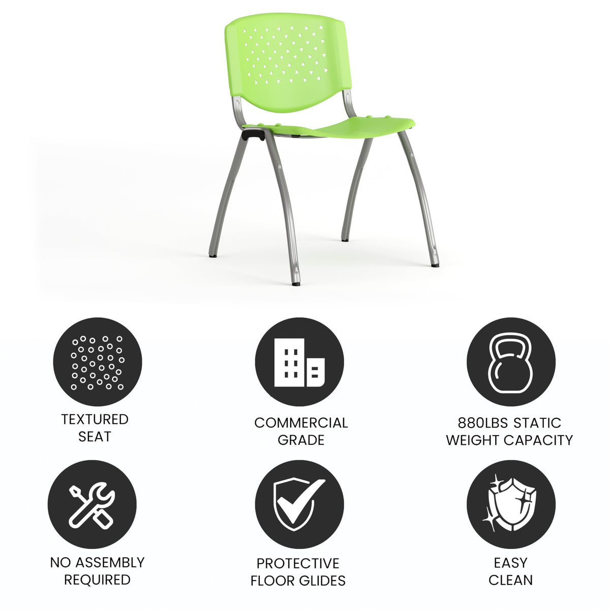 880 lb. Capacity Green Plastic Stack Chair with Titanium Gray Powder Coated Frame