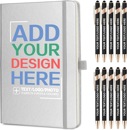 ENOMY Personalized Notebook Journal & 10 PC Pens Gift Set Custom Notebook A5 200 Pages A5 Lined Journal for Men Women Hardcover Notebooks for Work College Graduation Gifts, Silver