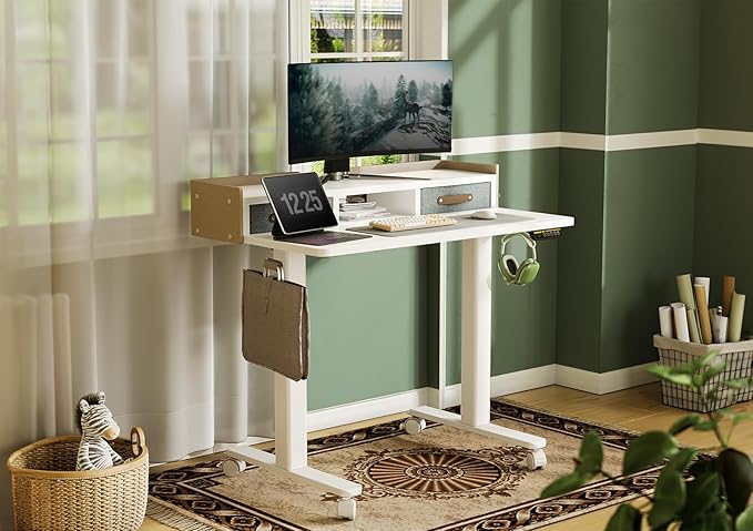 Claiks Standing Desk with Drawers, Adjustable Stand Up Electric Small Standing Desk Adjustable Height with Storage Shelf and Splice Board, 40 Inch, White