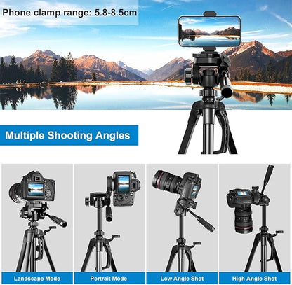 PULUZ Camera Tripod, 55"/139cm Lightweight Portable Travel Outdoor DSLR Tripods for Camera Phone Video Recording Tripod Stand, Cellphone Clip for Smartphone Live Streaming Vlog