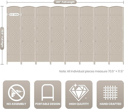 Cocosica 8 Panel Room Divider,6Ft Folding Privacy Screen,Tall - Extra Wide Foldable Panel Partition Wall Divider with Diamond Double-Weaved Hand-Woven Design Room Screen Divider