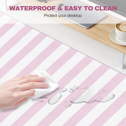 Pink Striped Desk Mat Cute Large Mouse Pad Kawaii Extended PU Leather Mat for Home Office Desk Decor for Women Cozy Gaming Keyboard Pad 35.4 X 15.7inch