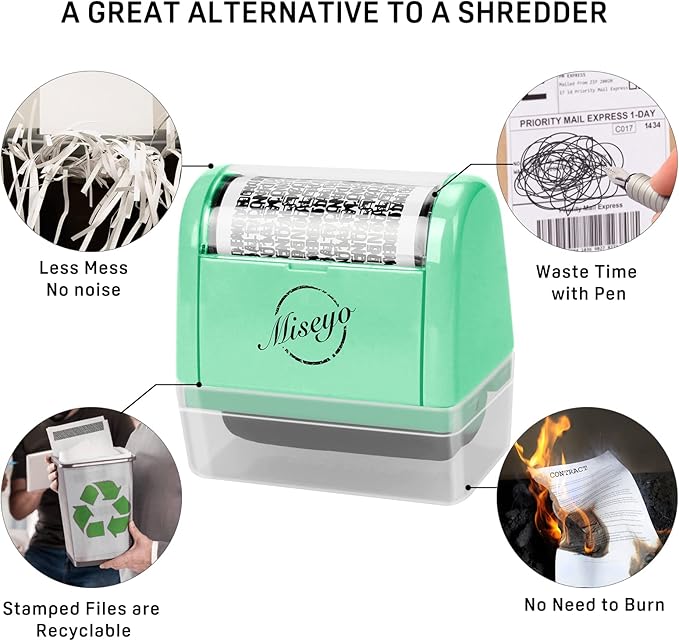 Miseyo Wide Identity Theft Protection Roller Stamp Set - Mint Green (3 Refill Ink Included)