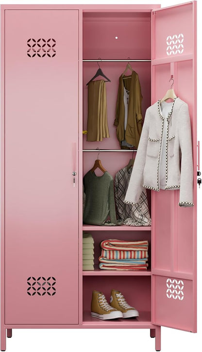 SUPEER 2 Doors Metal Storage Locker with Adjustable Shelves and 2 Hanging Rods, Metal Wardrobe Cabinet with Lock,Wardrobe Lockers for Home,Office,Assembly Required,Pink