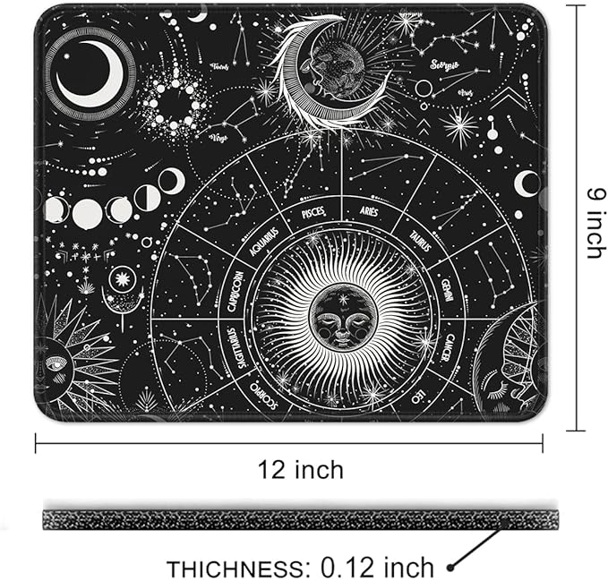 Auhoahsil Mouse Pad, 12 x 10 in Tarot Style Sun Moon Computer Mouse Pad for Desk, Premium-Textured Non-Slip Rubber Stitched Edges Waterproof Square Mouse Mat for Gaming Work Wireless Mice, Black