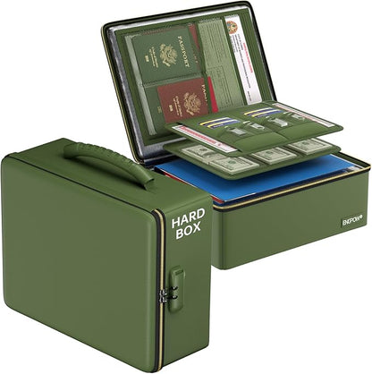 ENGPOW Fireproof Document Box with Lock & Heat-Resistant Fireproof Zipper | 6400°F 12-Layer Fire Protection, Hard File Organizer with Pockets, Portable Home Chest Safe Storage for Money,Jewelry, Green