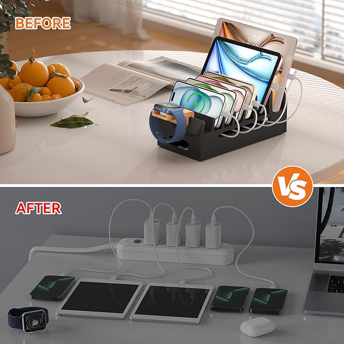 Pezin & Hulin Bamboo Charging Station with Watch Stand, Docking Holder for Multi Device with 5 Charge Cables, Desktop Dock Stations Electronic Organizer for Cellphone, Tablet, Watch-Black