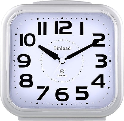 Tinload 5.5" Large Analog Alarm Clock Silent Non Ticking, Gentle Wake, Beep Sounds, Increasing Volume, Battery Operated Snooze and Manual Light, Easy Set, Silver