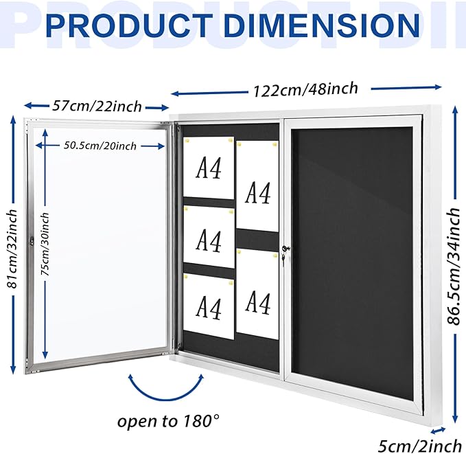 SWANCROWN Weather Resistant Enclosed Bulletin Board Felt Displays Boards Wall Mounted Notice Case with 2 Swing-Open Locking Doors, Black Felt, 48x34 inches