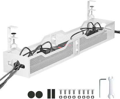 Under Desk Cable Management Tray White, Litwaro Cable Management Under Desk No Drill, 25'' Cable Tray with Clamp for Wire Management, Cord Organizer for Office, Home - No Damage to Table