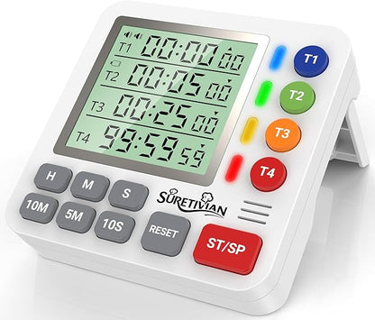 Digital Kitchen Timer for Cooking - 4 Channel Count Up Countdown Timer with Loud Alarm and Silent Mode, Large Display, Magnetic Back, Auto Memory for Classroom Study Gym, Battery Included (White)