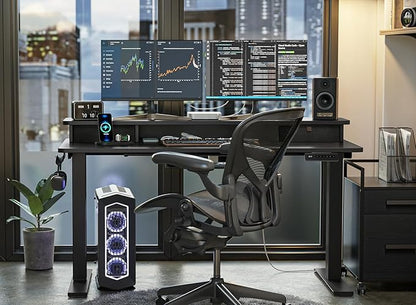 FEZIBO 63 x 28 Inch Deeper Height Adjustable Electric Standing Desk with Double Drawers, Sit Stand Up, Home Office Computer Desk with 4 Height-Adjustable Feets & 2 Hooks, Black Frame/Black Top