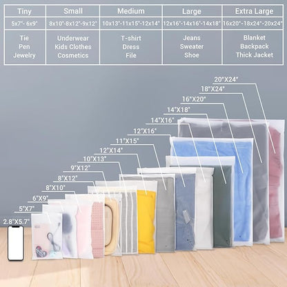 Svaldo Clothing Bags, 25 Count 20x24 Inch Jumbo Extra Large Frosted Zipper Plastic for Clothes, Poly for Shipping Packaging T Shirt, Sweater Dress, Backpack, Blanket, 3 Mil, With Vent Holes