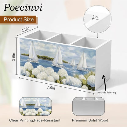 White Hydrangea Coastal Beach Pen Holder for Home Office Desk, Beach House Decor, Nautical Sailboat Hydrangea Flower Wooden Box Sign Pencil Holder for Desk Shelf Organizer