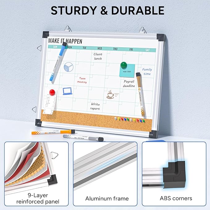 Monthly Calendar Whiteboard and Cork Board Combo for Wall, 17"x13" Reversible Hanging Dry Erase Board, Double Sided White Board with Aluminum Frame for Planning, Office, Kitchen, School, Home