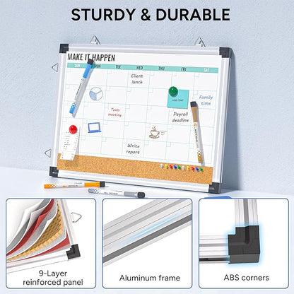 Monthly Calendar Whiteboard and Cork Board Combo for Wall, 17"x13" Reversible Hanging Dry Erase Board, Double Sided White Board with Aluminum Frame for Planning, Office, Kitchen, School, Home