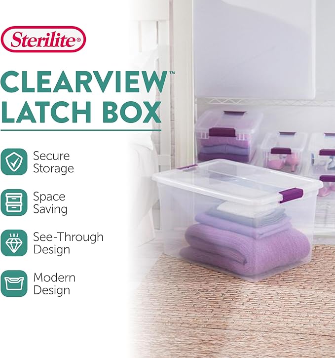 Sterilite 24-Pack 66 Quart ClearView Latch Box, Stackable Organizer Bins with Latching Lids - Clear Plastic Organization Containers for Closet, Bedroom, Shelving Units and Everyday Home Storage