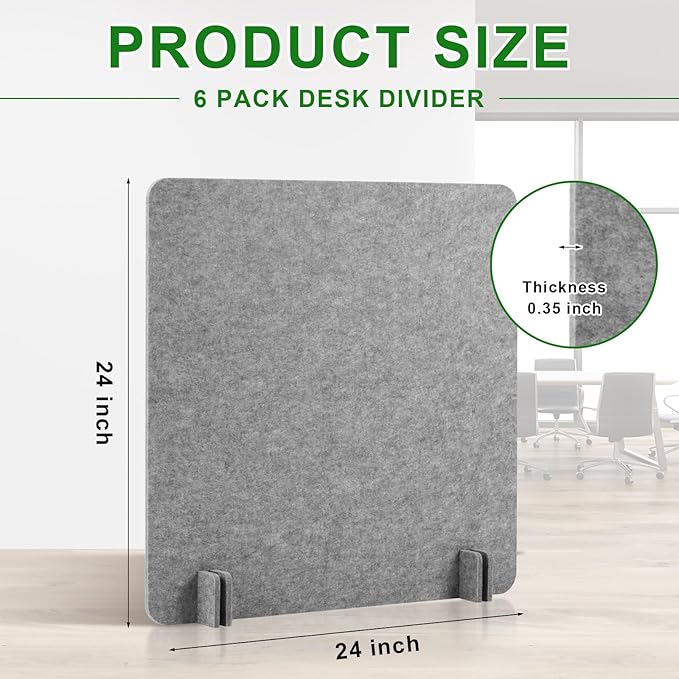 Kisston 6 Pack Acoustic Desk Divider Desk Partition 24 x 24" Stand Up Freestanding Desk Privacy Panel Noise and Visual Distractions Reducing Table Divider for Student Reception Area Office(Light Gray)