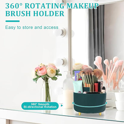 SAYEEC Rotating Pen Holder 5 Slots Desk Organizer with Adjustable Phone Stand Dark Green Makeup Brush Holder Organizer Cute Pencil Cup Pot Art Supply Storage Caddy for Office School Vanity Bathroom